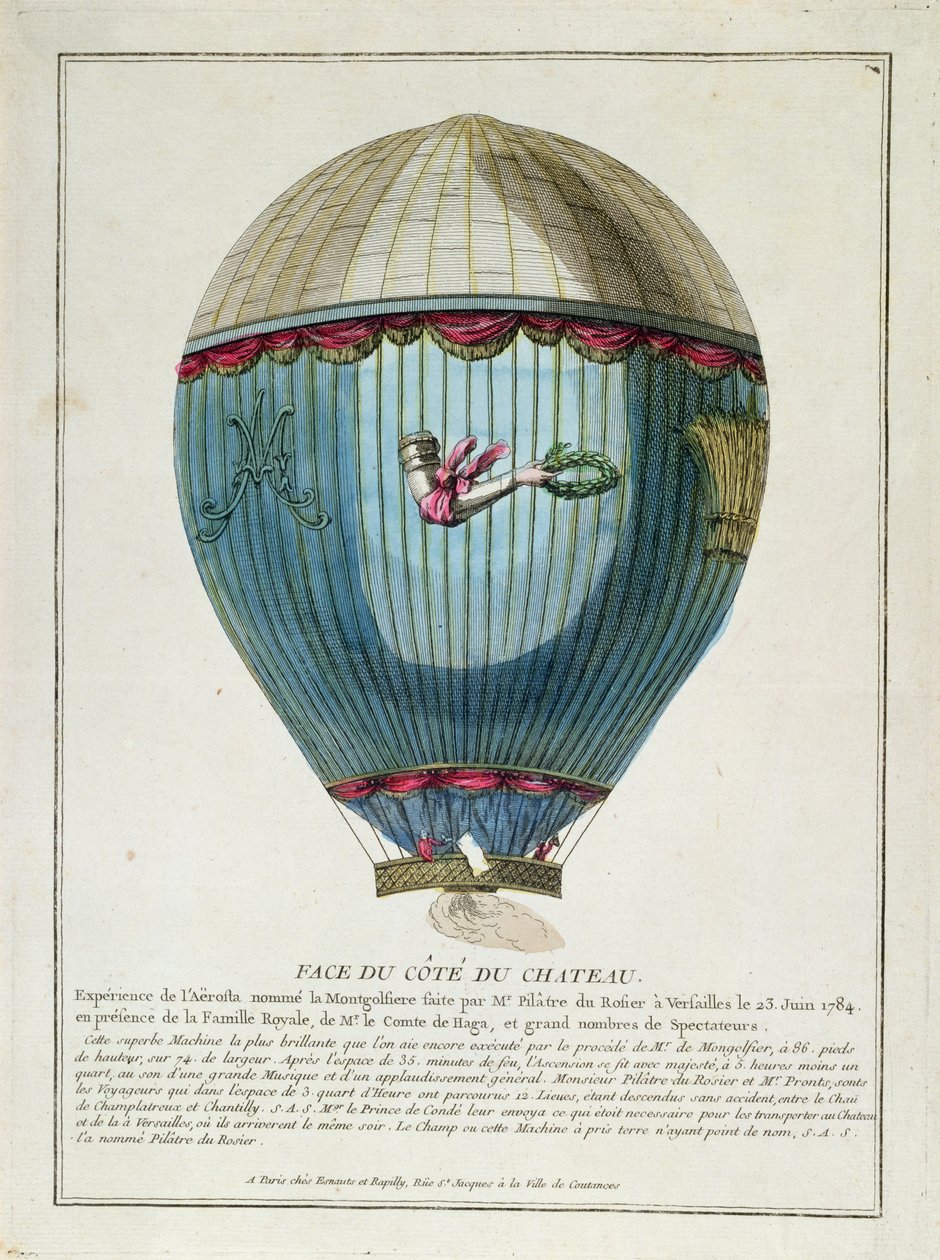 Udsigt over ballonen brugt af Francois Pilatre de Rozier (1754-85) i Versailles den 23. juni 1784 af French School