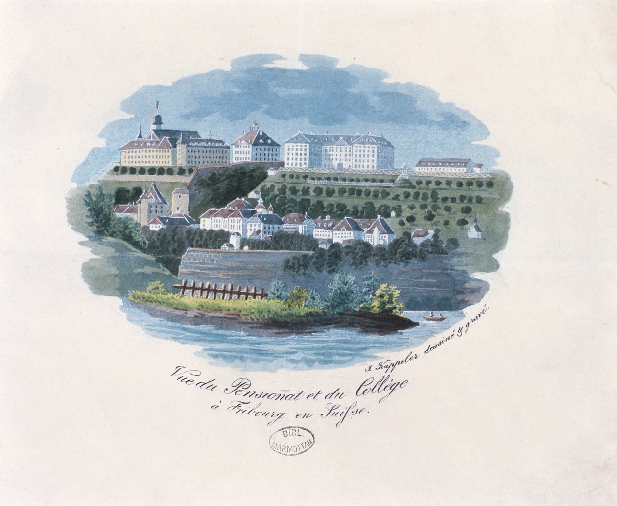 Udsigt over kostskolen og college i Fribourg, Schweiz af French School