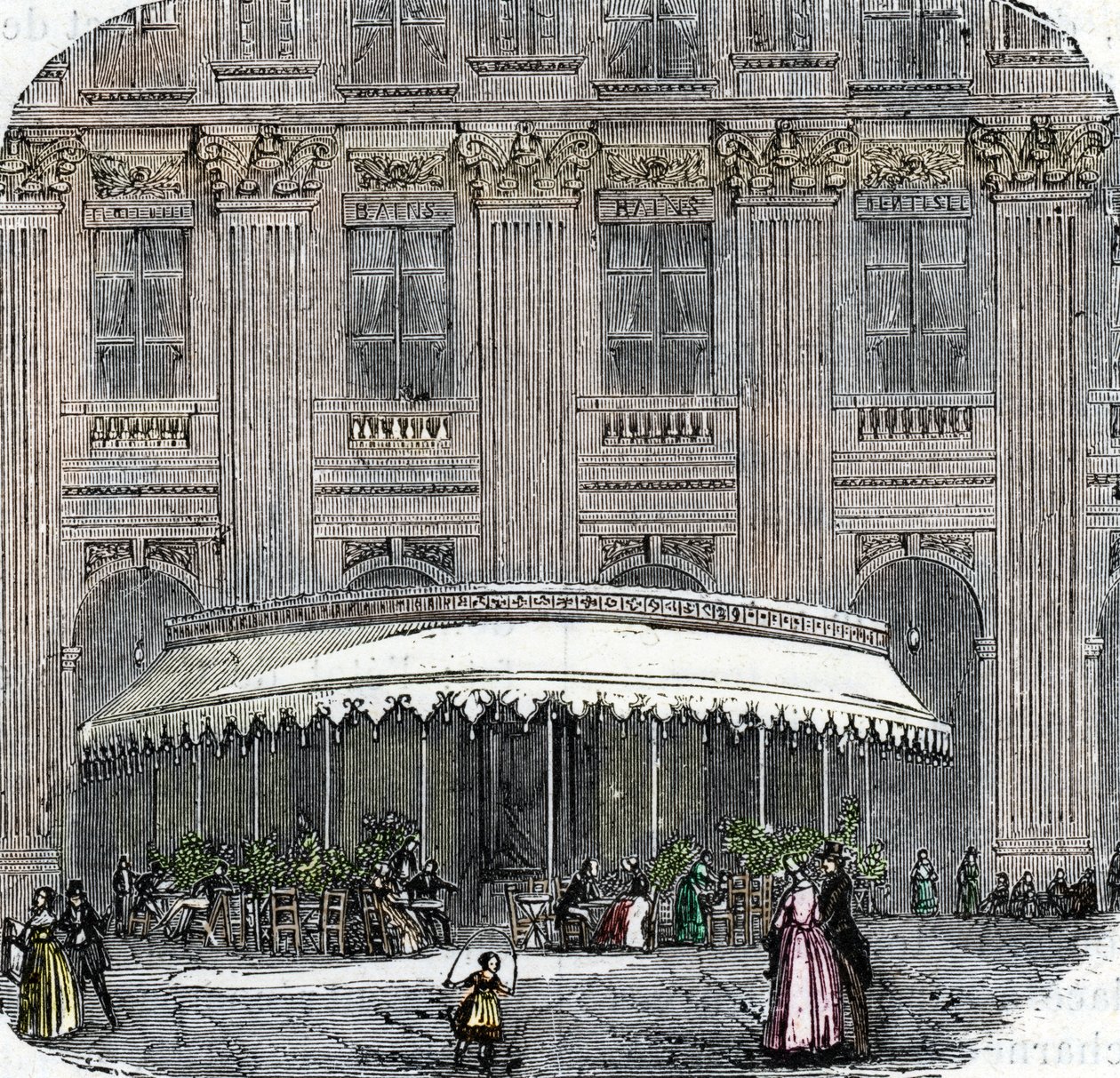Udsigt over cafe de la Rotonde ved Palais-Royal i Paris omkring 1860 (farvet gravering) af French School