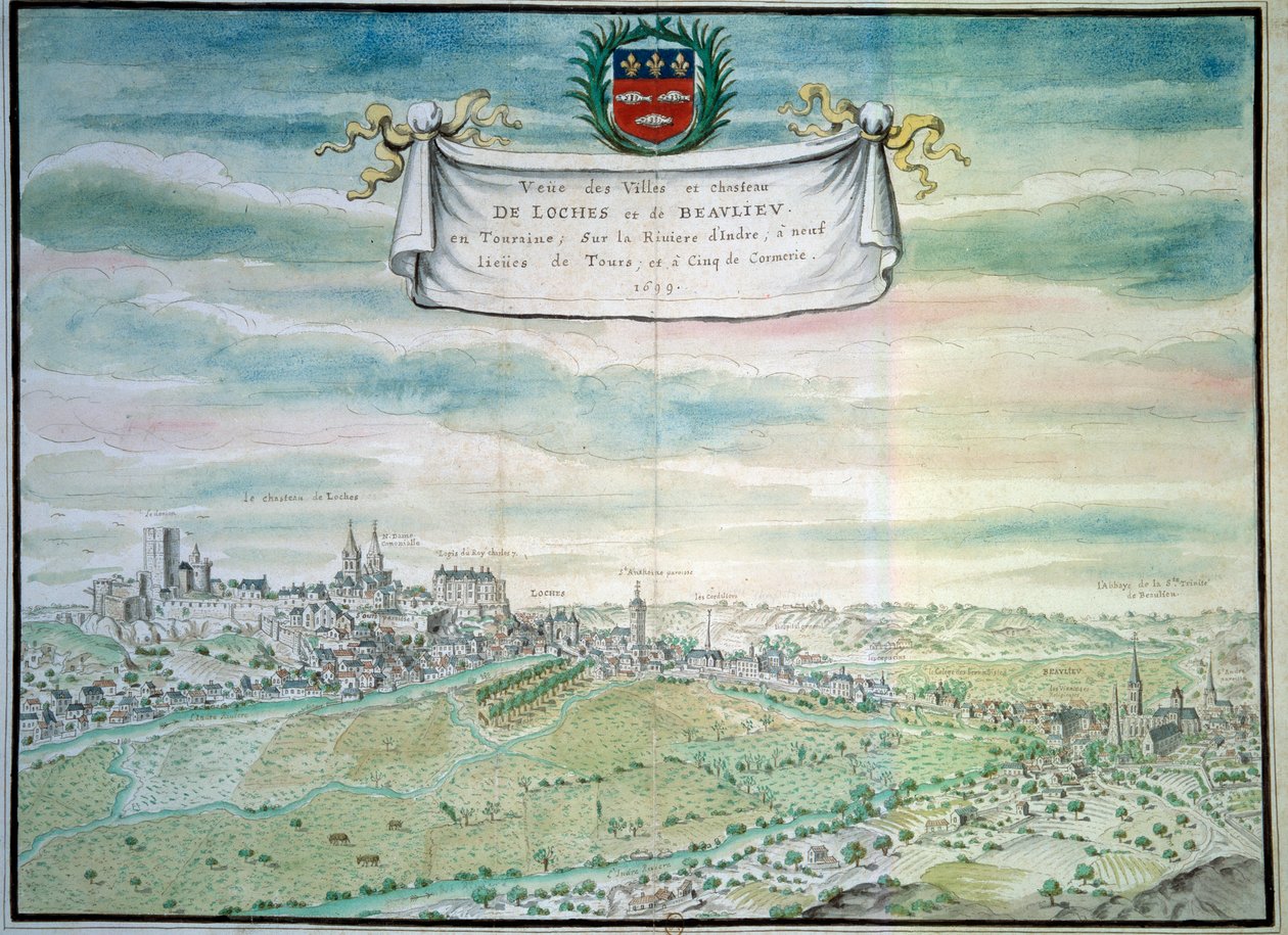 Udsigt over slottet Loches Udsigt over Beaulieu les Loches i Indre og Loire. Akvarel af den franske skole. 1699 Paris, B.N. af French School
