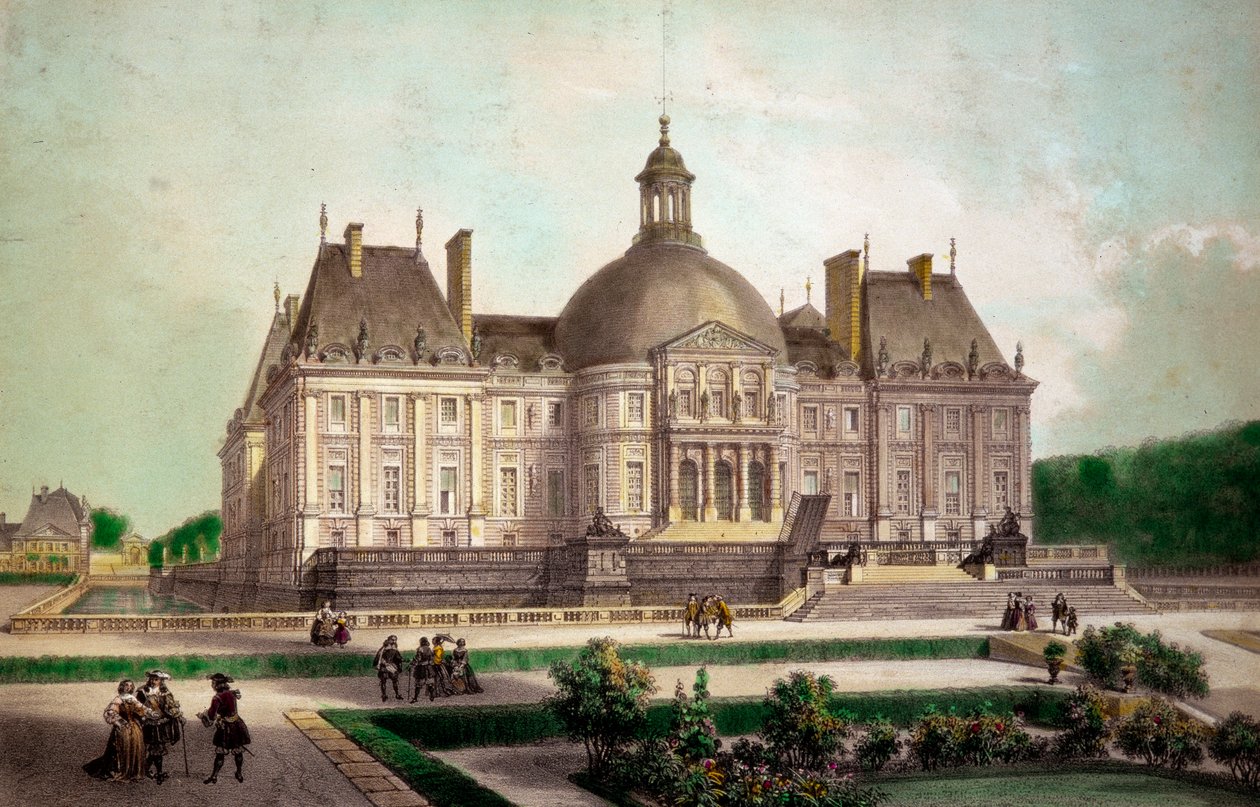 Udsigt over slottet Vaux le Vicomte (Vaux-le-Vicomte) i Maincy (Seine-et-Marne), bygget omkring 1658. Tryk af det 19. århundredes privatsamling af French School