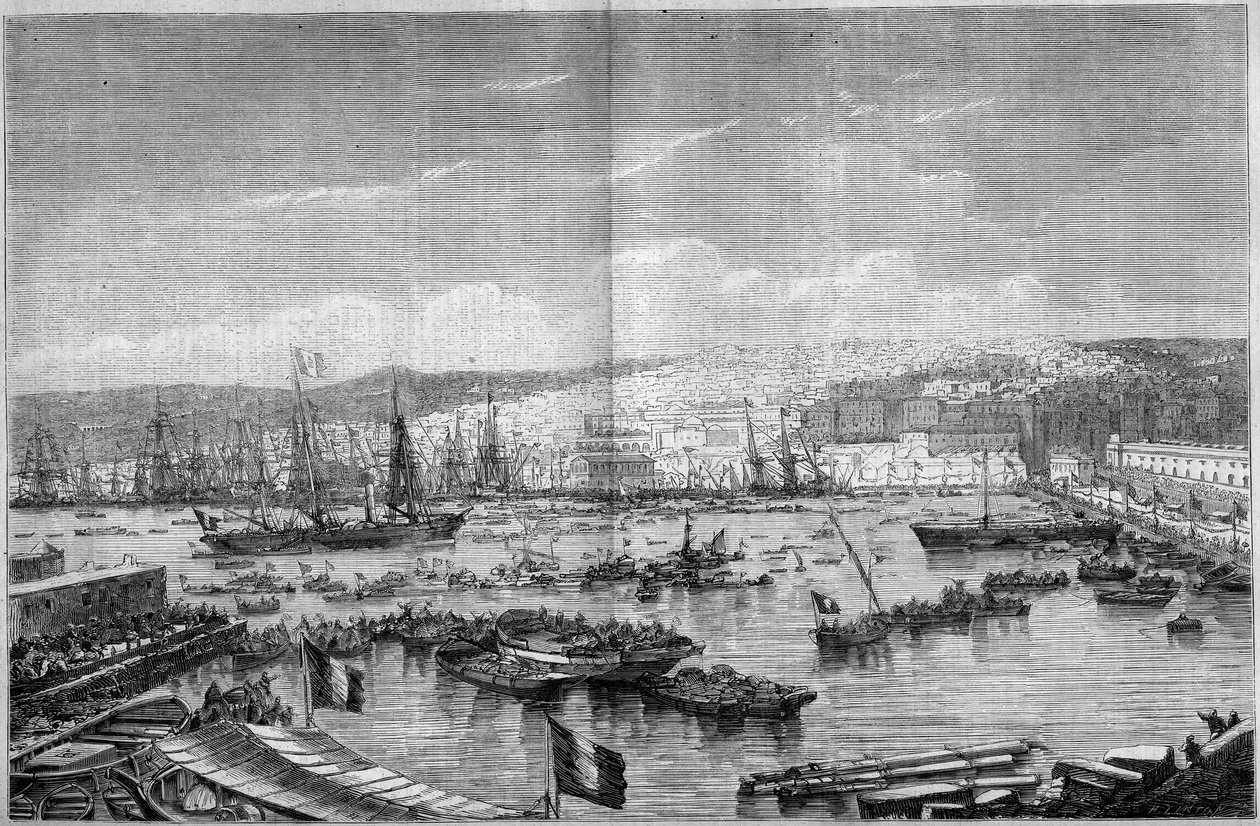 Udsigt over byen og havnen i Algier (Algeriet), under ankomsten af Napoleon III og imponeren Eugenie de Montijo, 17. september af French School