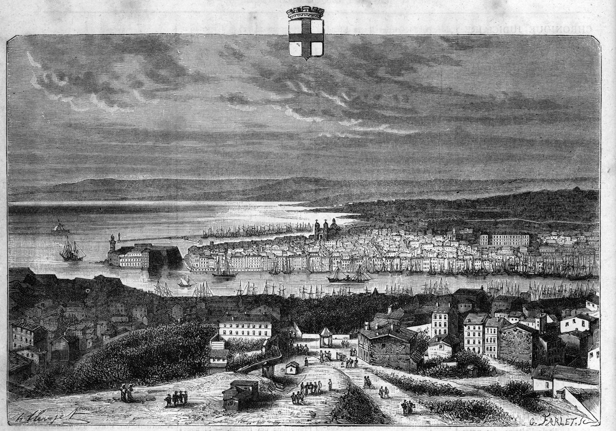 Udsigt over byen og havnen i Marseille. Indgravering fra 1880 i "La republique illustree"" privatsamling. af French School