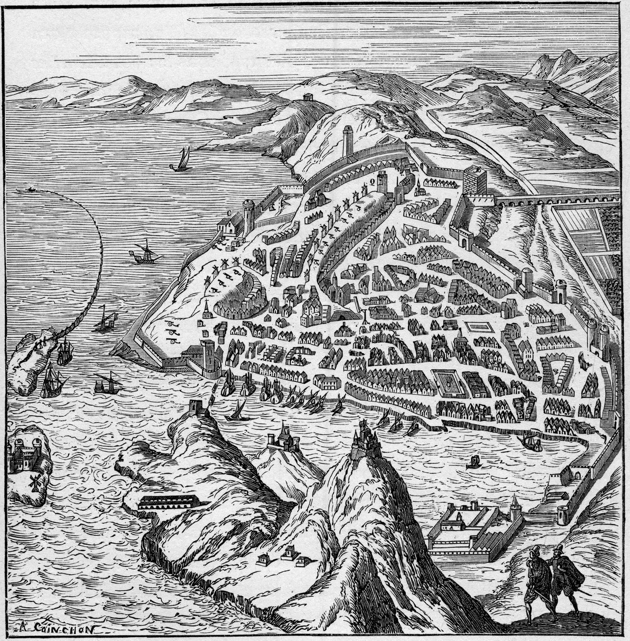 Udsigt over byen og havnen i Marseille i det 16. århundrede. Gravering i "La Marine et les kolonier: handel" af French School
