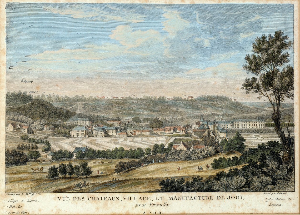 Udsigt over byen og lærredsfabrikken af Christophe Philippe Oberkampf (1738-1815) i Jouy en Josas (Yvelines) (installeret i 1758) Litografi fra 1800 Sceaux, musee de l