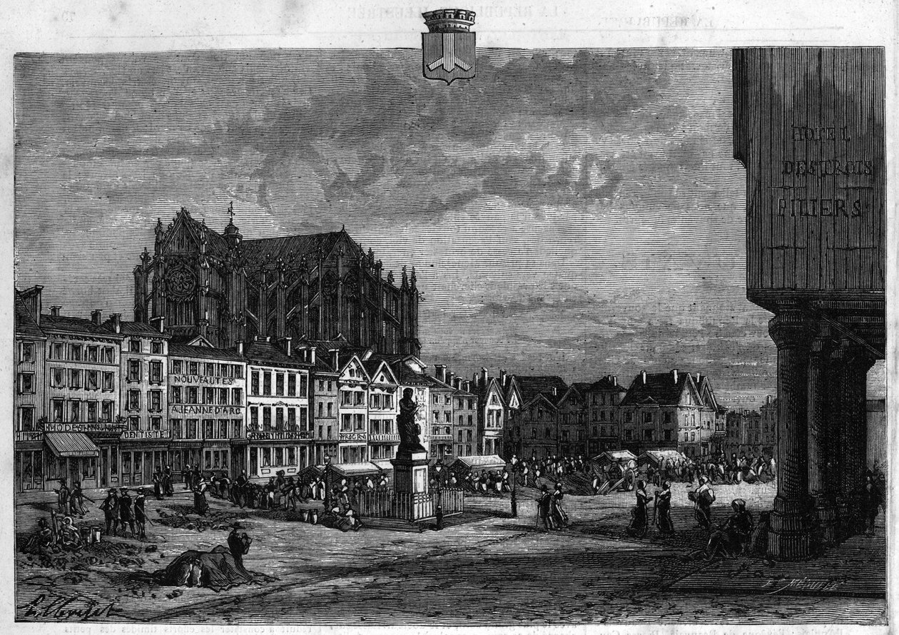 Udsigt over byen Beauvais i Oise. Indgravering fra 1880 i "La republique illustree"" privatsamling. af French School