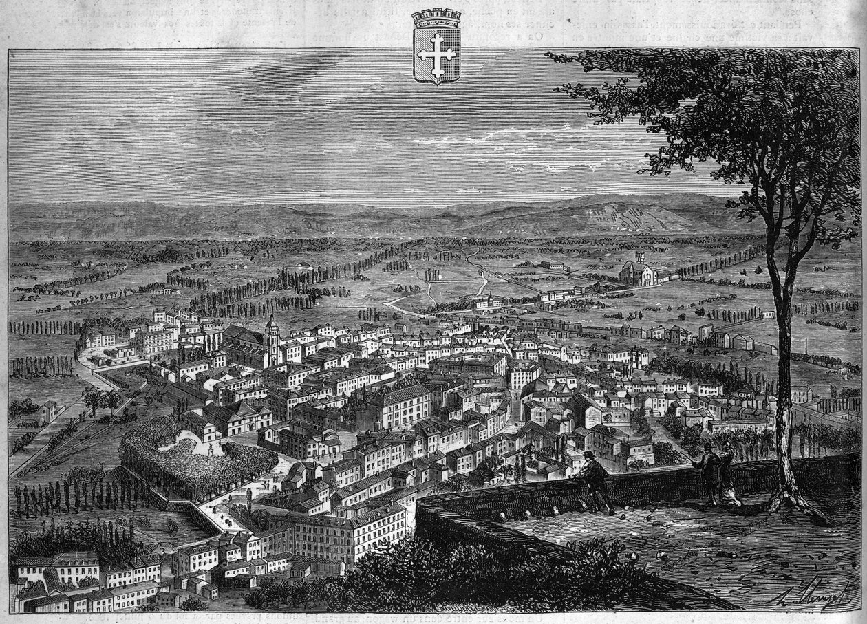 Udsigt over byen Bourg i Ain. Indgravering fra 1880 i "La republique illustree"" privatsamling. af French School