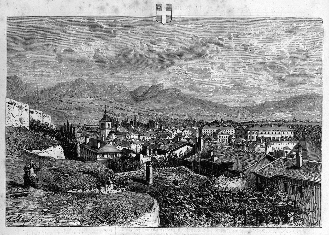 Udsigt over byen Chambery i Savoyen. Indgravering fra 1880 i "La republique illustree"" privatsamling. af French School