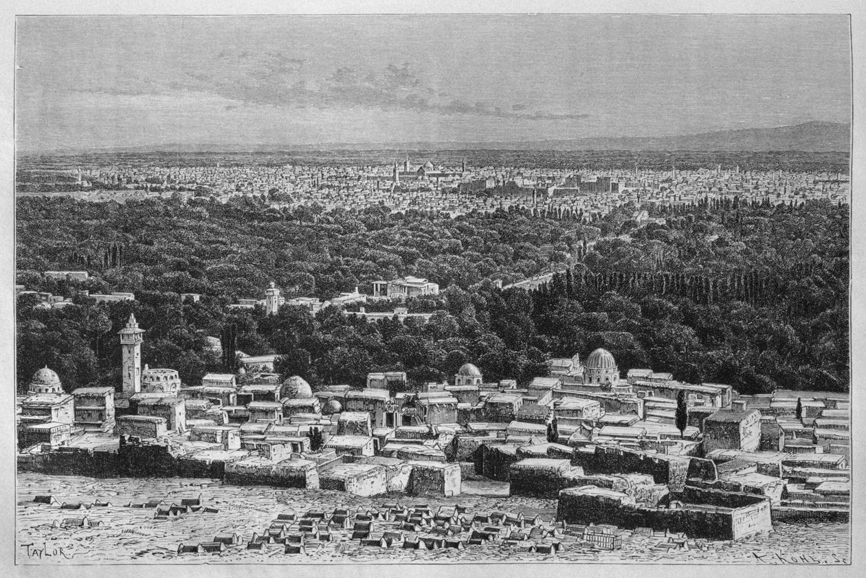 Udsigt over byen Damaskus fra Syrien i dag. Rejser i Fønikien, Libanon og Judæa. 1875-1880 af Louis Charles Emile Lortet, 1884 (bw gravering) af French School