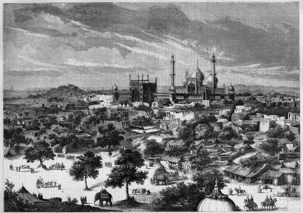 Udsigt over byen Delhi (Indien) i 1857. Fra en skitse af prins Alexis Soltykoff. Gravering af Bertrand i "" Le Monde Illustré"" nr. 20 af 29. august 1857. af French School
