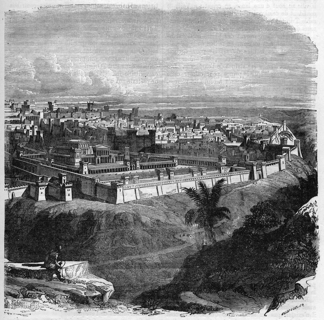 Udsigt over byen Jerusalem før ødelæggelsen af templet. Indgravering i "Histoire des Papes-Rois-Queen and Empereurs a travers les centuries"" af Maurice Lachatre af French School