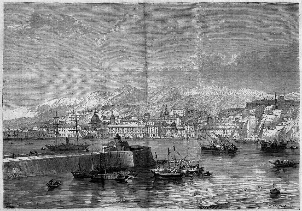 Udsigt over byen Messina (Messina eller Missina). Sicilien, Italien af French School