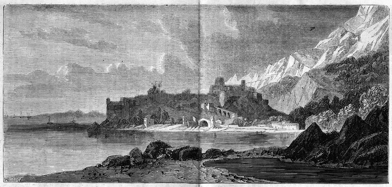 Udsigt over byen Monaco i 1860. Indgravering i "" The Illustrous World"" nr. 157 af 14. april 1860. af French School