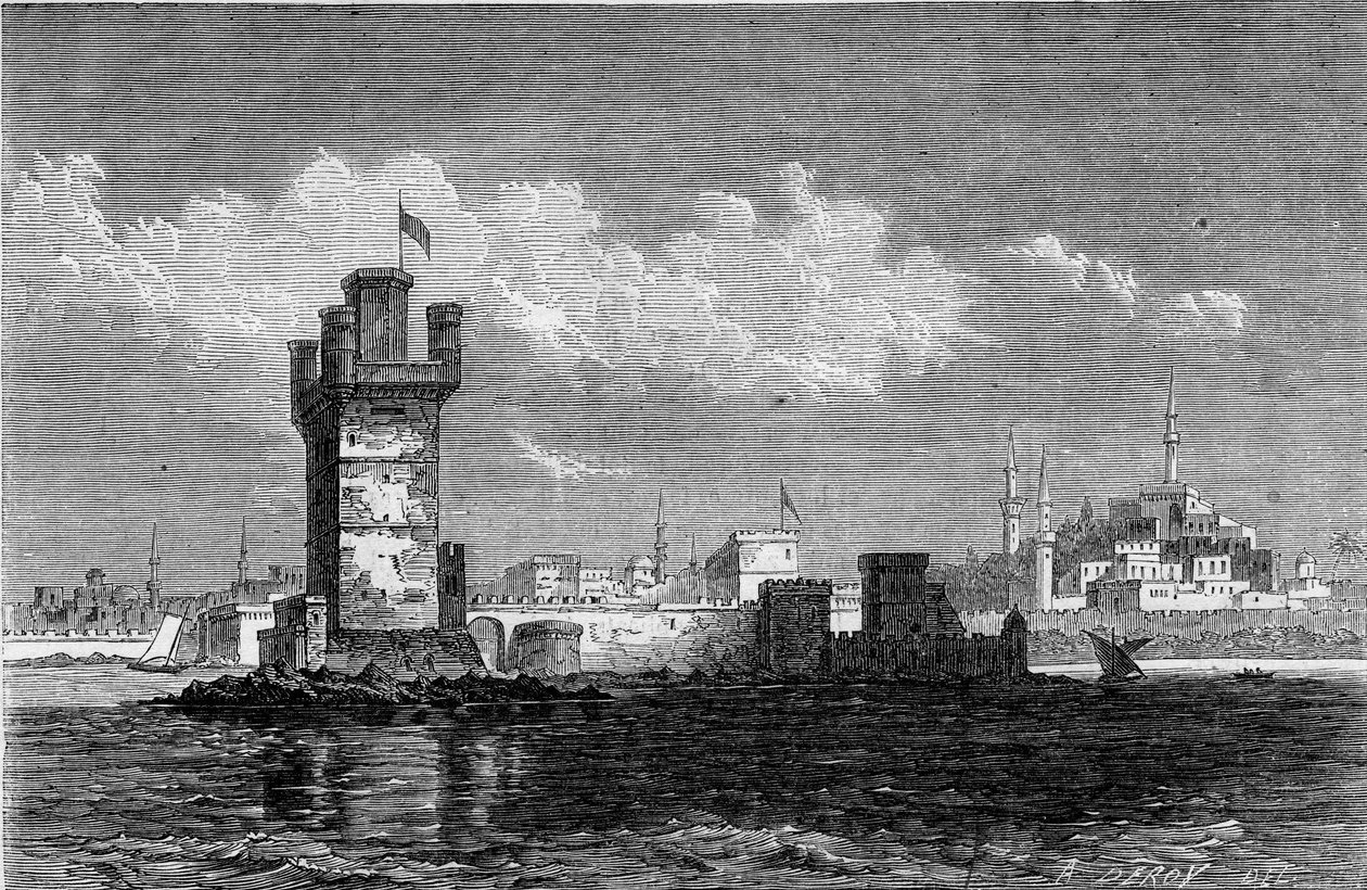 Udsigt over byen Rhodos (Grækenland) med det firkantede tårn Saint Michel (Saint Michel), ødelagt under et jordskælv i 1863. Indgravering i "" Le Monde Illustré"" nr. 320 af 30. maj 1863. af French School