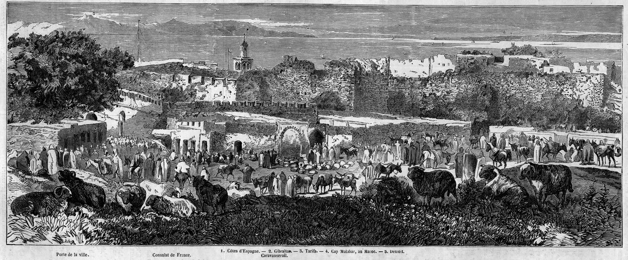 Udsigt over byen Tanger (Marokko), på dagen for den arabiske march. Indgravering i "" Le Monde Illustré"" nr. 129 af 1. oktober 1859. af French School