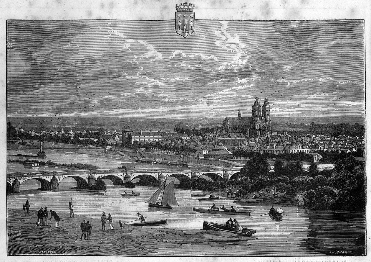 Udsigt over byen Tours i Indre et Loire. Indgravering fra 1880 i "La republique illustree"" privatsamling. af French School