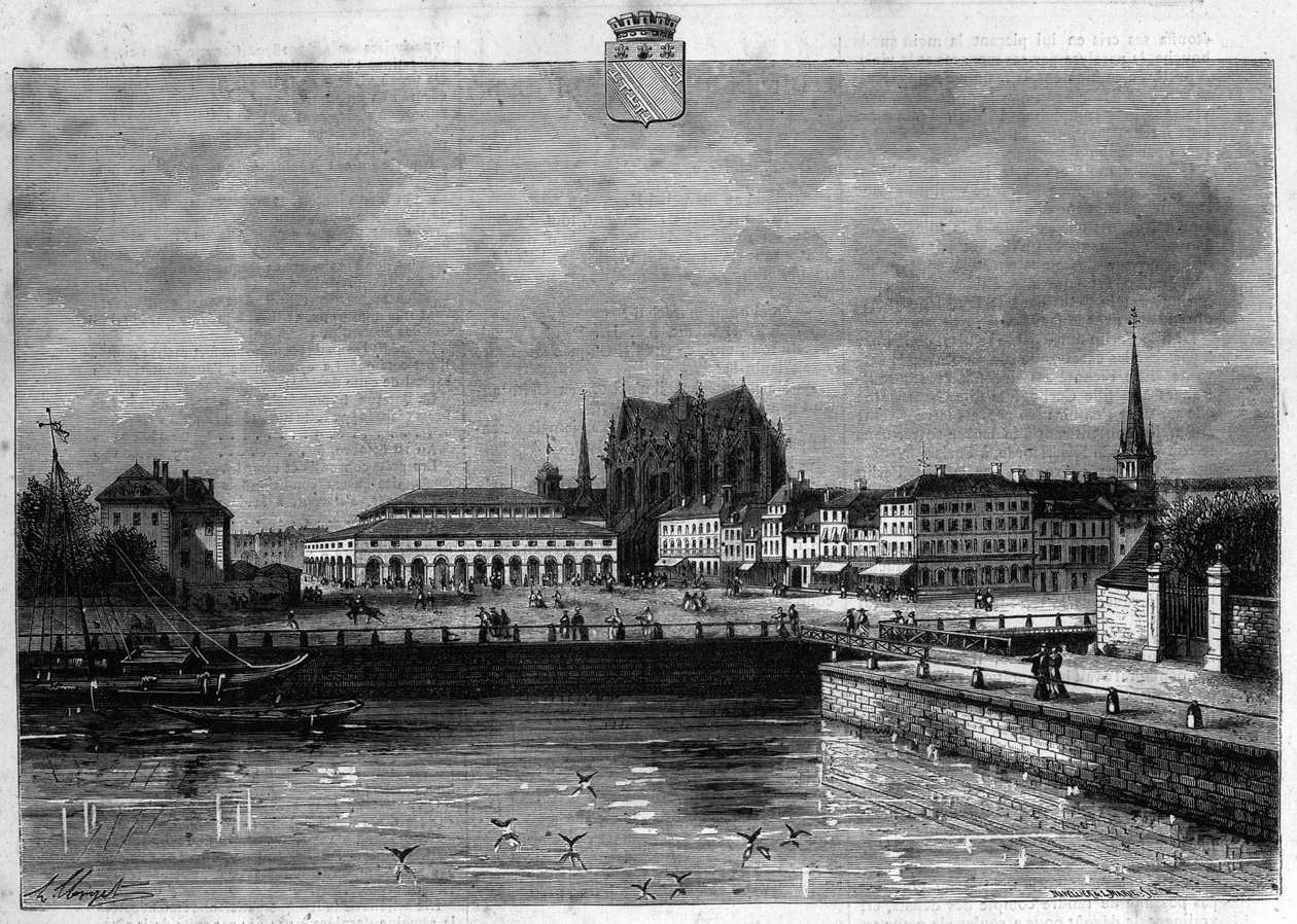 Udsigt over byen Troyes i daggry. Indgravering fra 1880 i "La republique illustree"" privatsamling. af French School