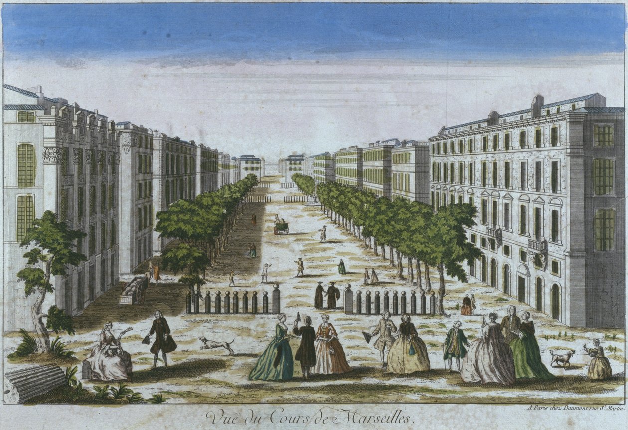 Udsigt over cours, Marseille, Frankrig (farvegravering) af French School