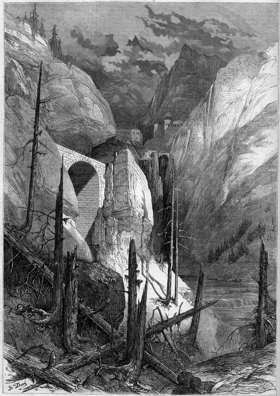 Udsigt over uren og fortet Finstermunz (1471). Tyrol, Schweiz af French School
