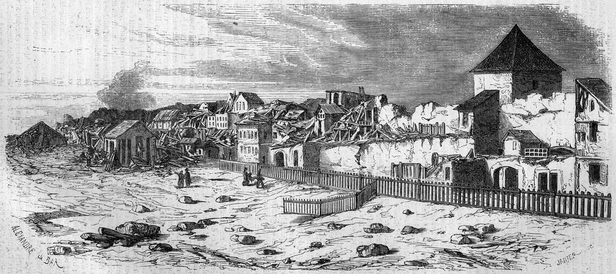 Udsigt over bydelen Kastrich i Mainz (Tyskland), efter eksplosionen af krudttønden i 1857. Fra et fotografi. Indgravering i "" Le Monde Illustré"" nr. 36 af 19. december 1857. af French School