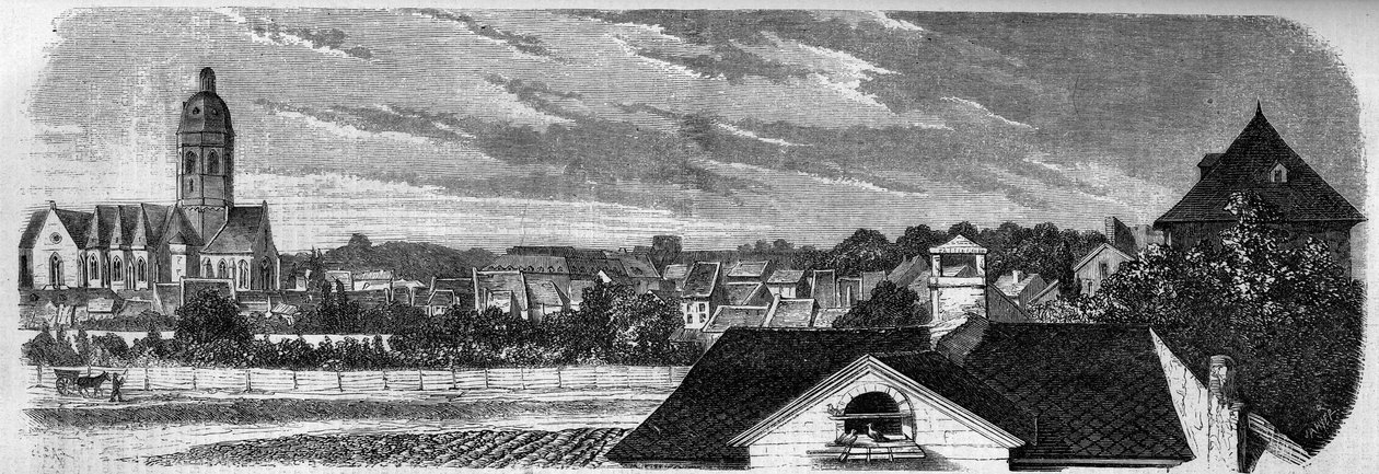 Udsigt over bydelen Kastrich i Mainz (Tyskland) før eksplosionen af krudttønden i 1857. Fra et fotografi. Indgravering i "" Le Monde Illustré"" nr. 36 af 19. december 1857. af French School