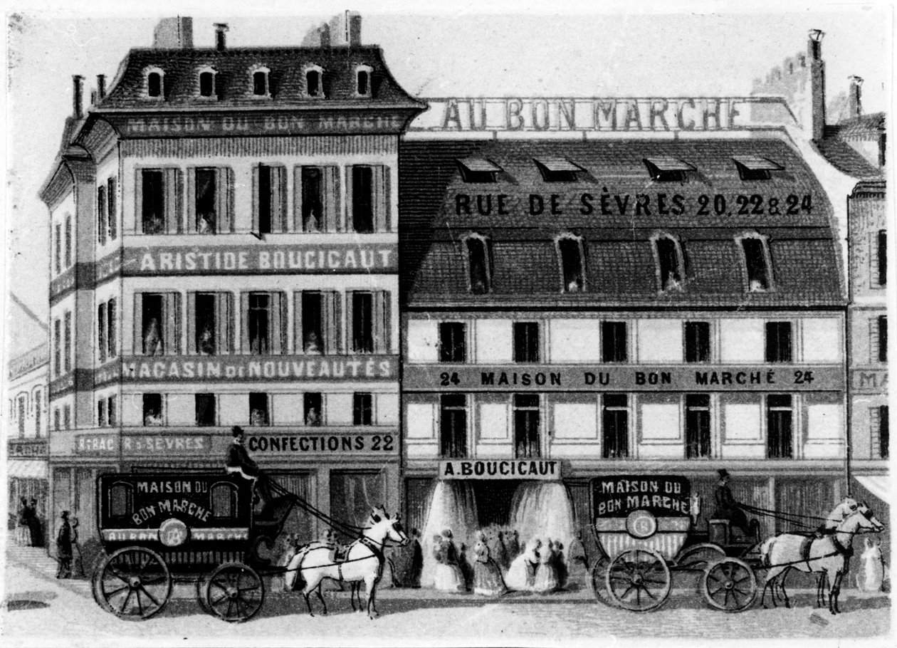 Udsigt over det ydre af Bon Marché Stores, rue de Sèvres, Paris, ca. 1869 af French School