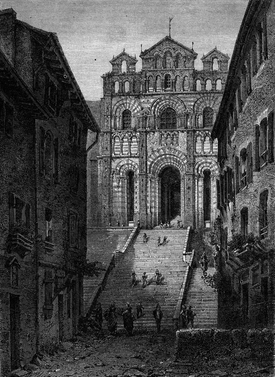 Udsigt over facaden af ​​Cathedrale Notre Dame du Puy en Velay (Puy-en-Velay), Haute Loire (43) af French School
