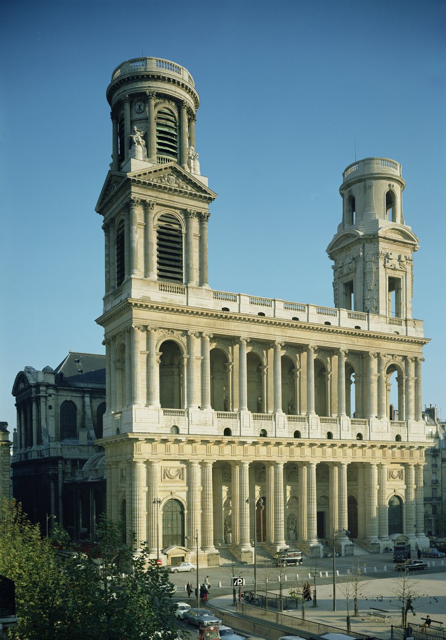 Udsigt over facaden af Saint-Sulpice-kirken, bygget mellem 1646-1780 af French School