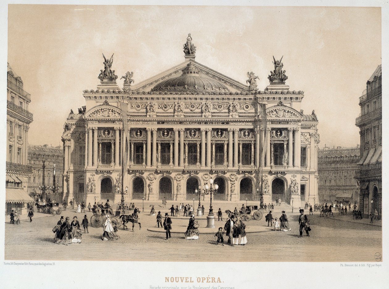 Udsigt over facaden af Opera Garnier i Paris med udsigt over Boulevard des Capucines. Fra 1800-tallets akvarel Paris, Musee Carnavalet af French School