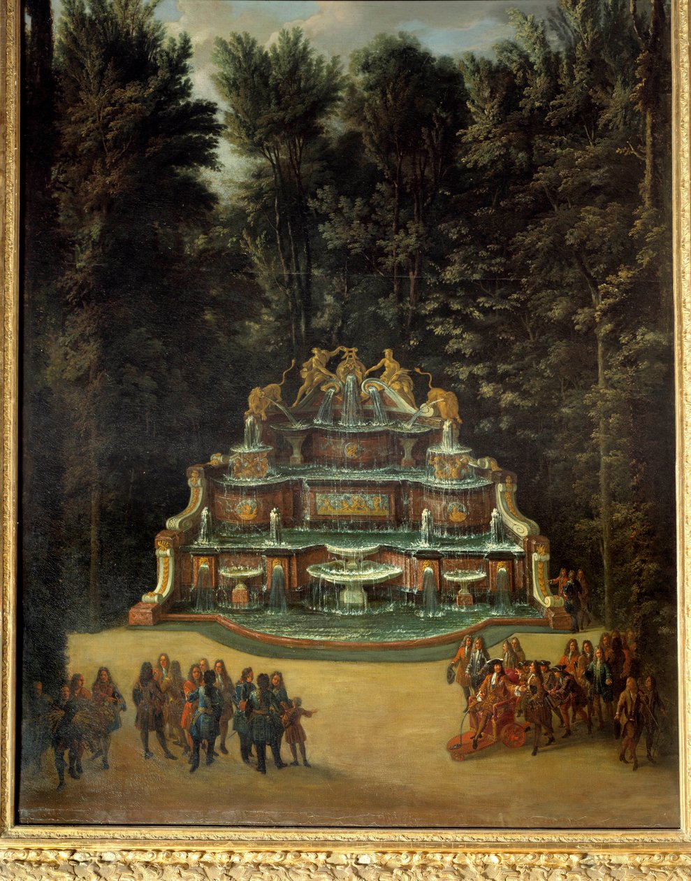 Udsigt over vandbuffetens springvand i Grand Trianons haver i 1713. I forgrunden: Ludvig XIV ved Promenade Peinture de Charles Chatelain. 1700-tallet. Svag. 2,96x1,42 m. Versailles, slottene i Versailles og Trianon af French School