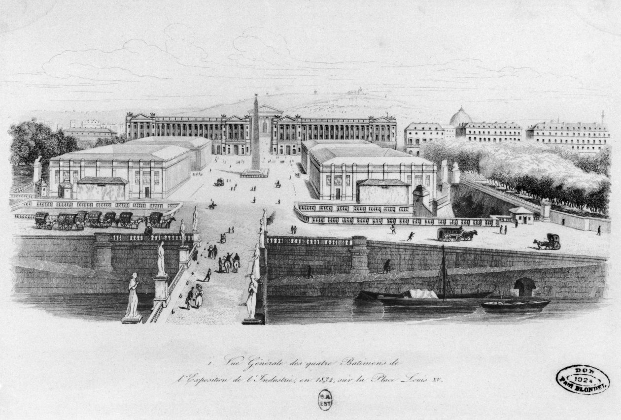 Udsigt over de fire bygninger på industriudstillingen i Paris, Place Louis XV, 1834 af French School