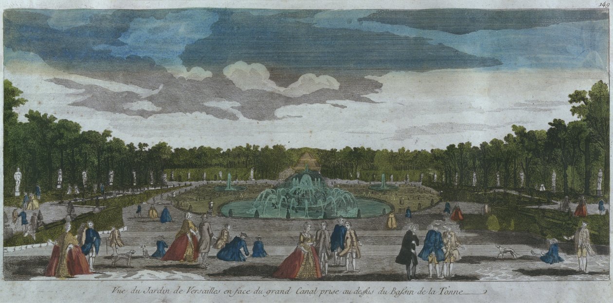Udsigt over haven foran Canal Grande set fra Latona-fontænen, Versailles, Frankrig af French School