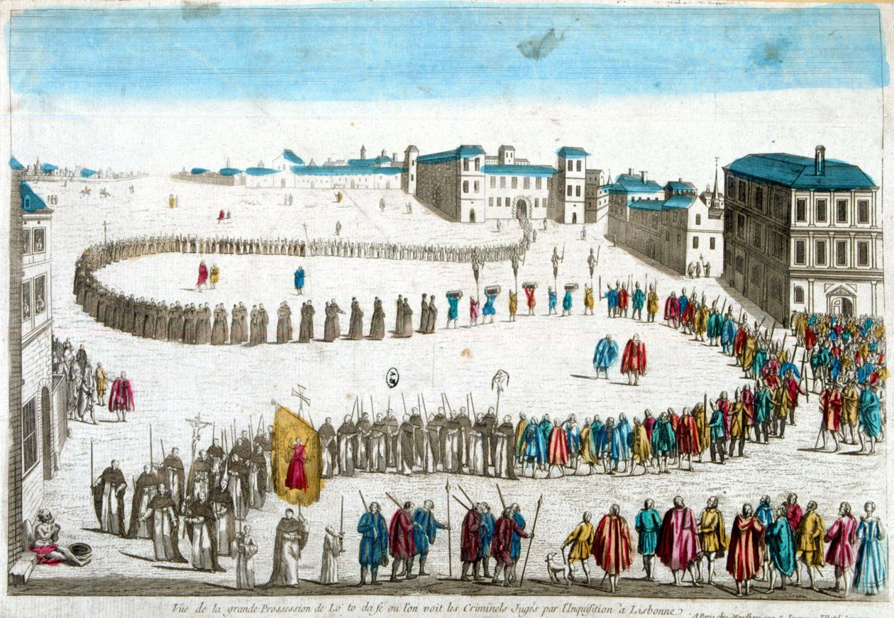 Udsigt over selv-daféens store procession, hvor vi ser de kriminelle prøvet af inkvisitionen i Lissabon - gravering af French School