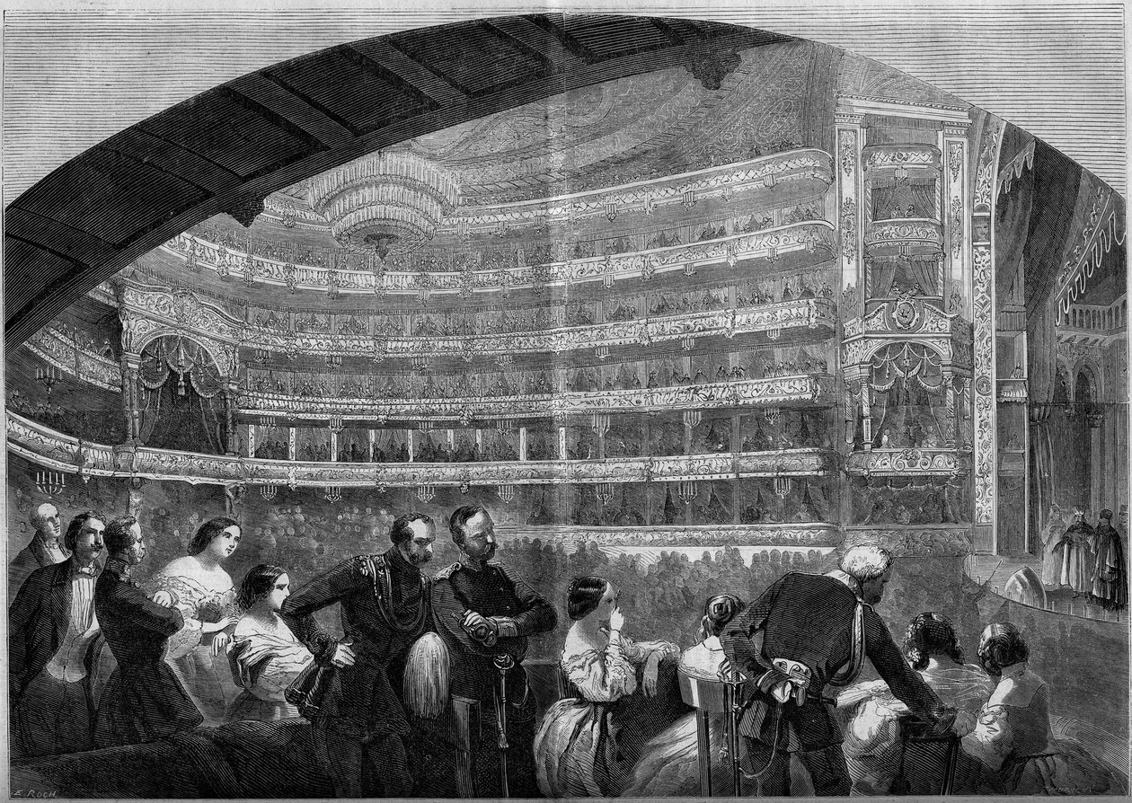 Udsigt over salen i det kejserlige teater i Moskva, Rusland af French School
