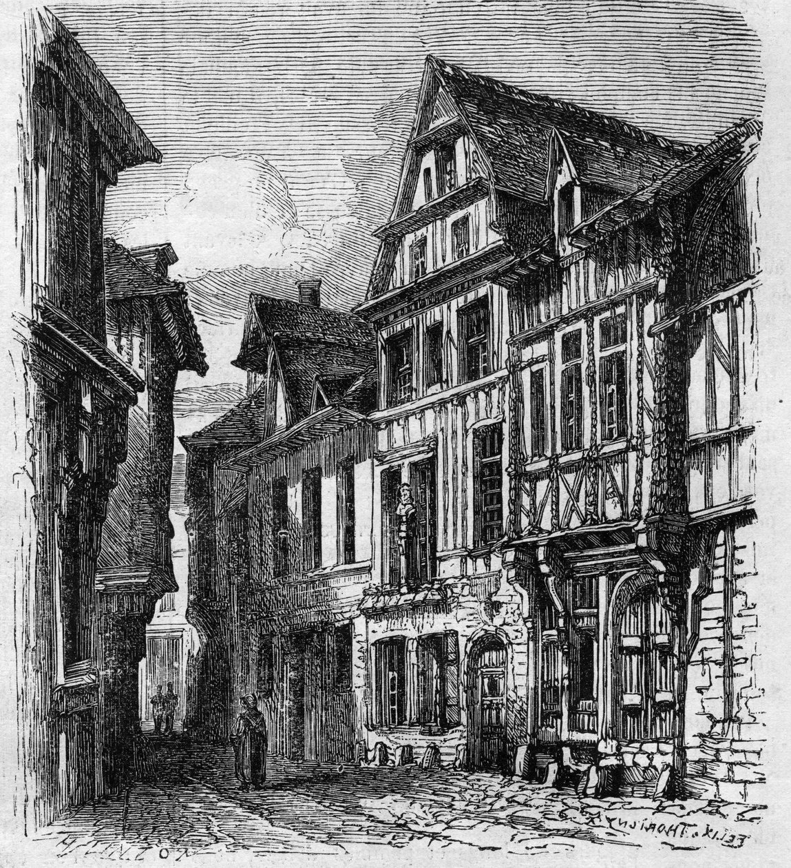 Udsigt over huset beliggende rue de la Pie, i Rouen, hvor Pierre Corneille blev født. Indgravering i "" Le Monde Illustré"" nr. 308 af 3. januar af French School
