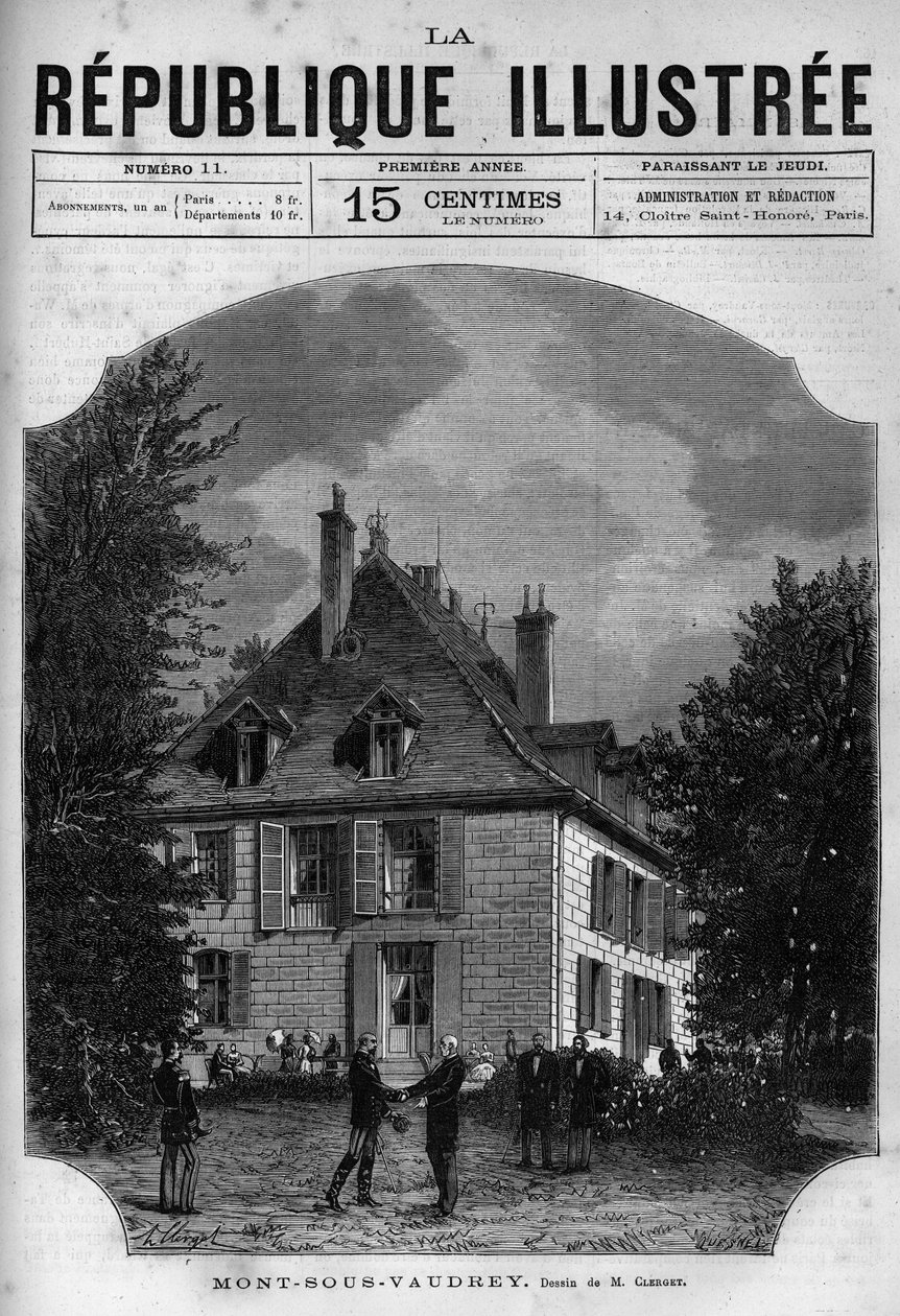 Udsigt over præsident Jules Grevys (1807-1891) hus i Mont sous Vaudrey (Mont-sous-Vaudrey) i Franche Comte. En avis. Indgravering fra 1880 i "The Illustrious Republic"" privatsamling. af French School