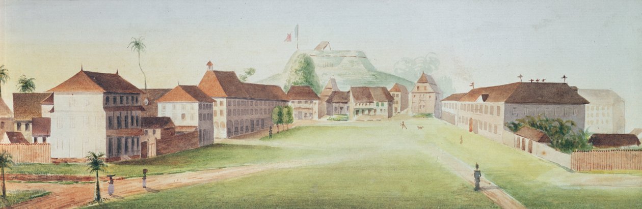 Udsigt over infanterikasernen i Cayenne, Fransk Guyana, ca. 1840 (wc på papir) af French School