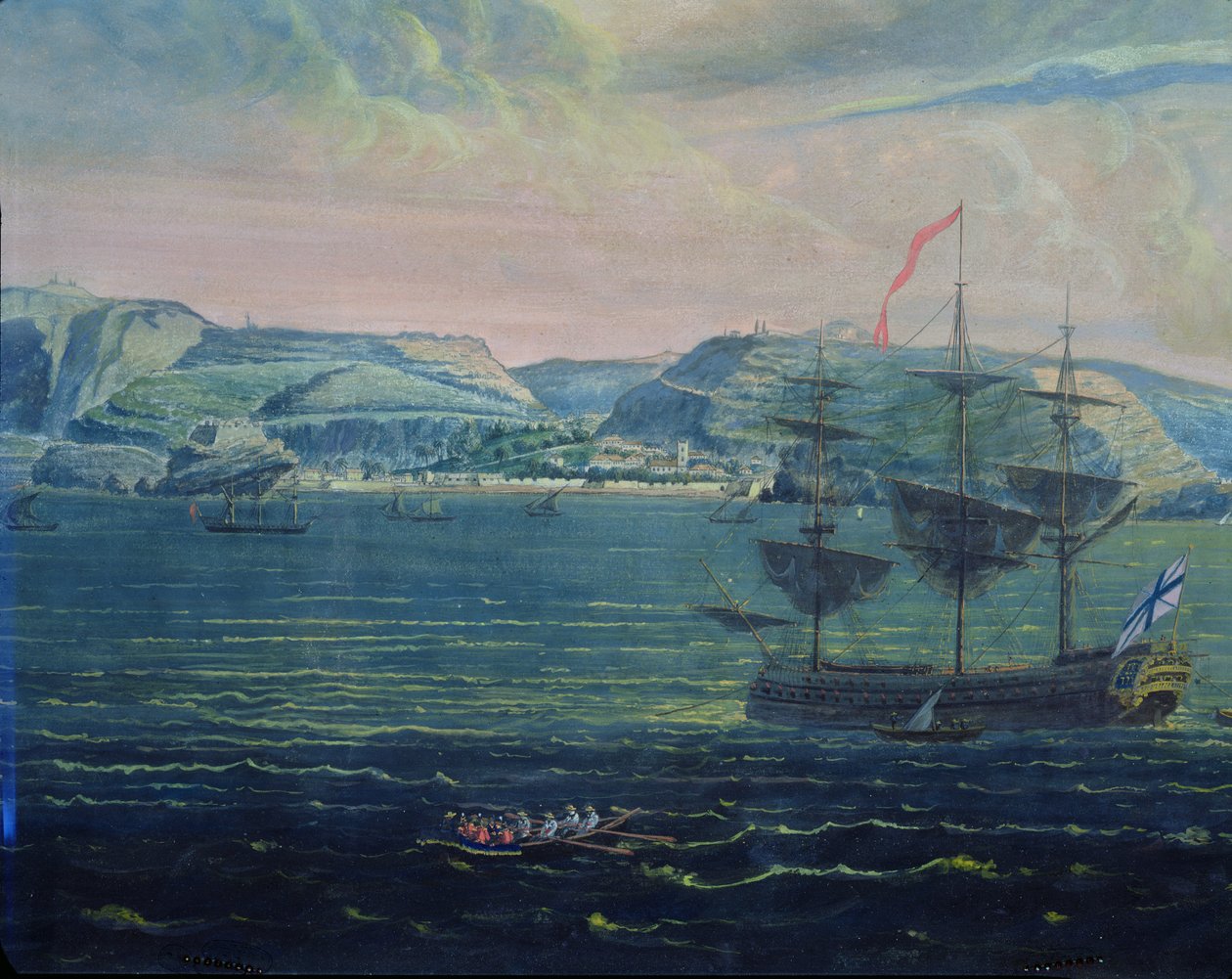 Udsigt over øen St. Helena, ca. 1820 (wc og gouache på papir) (se også 182640) af French School