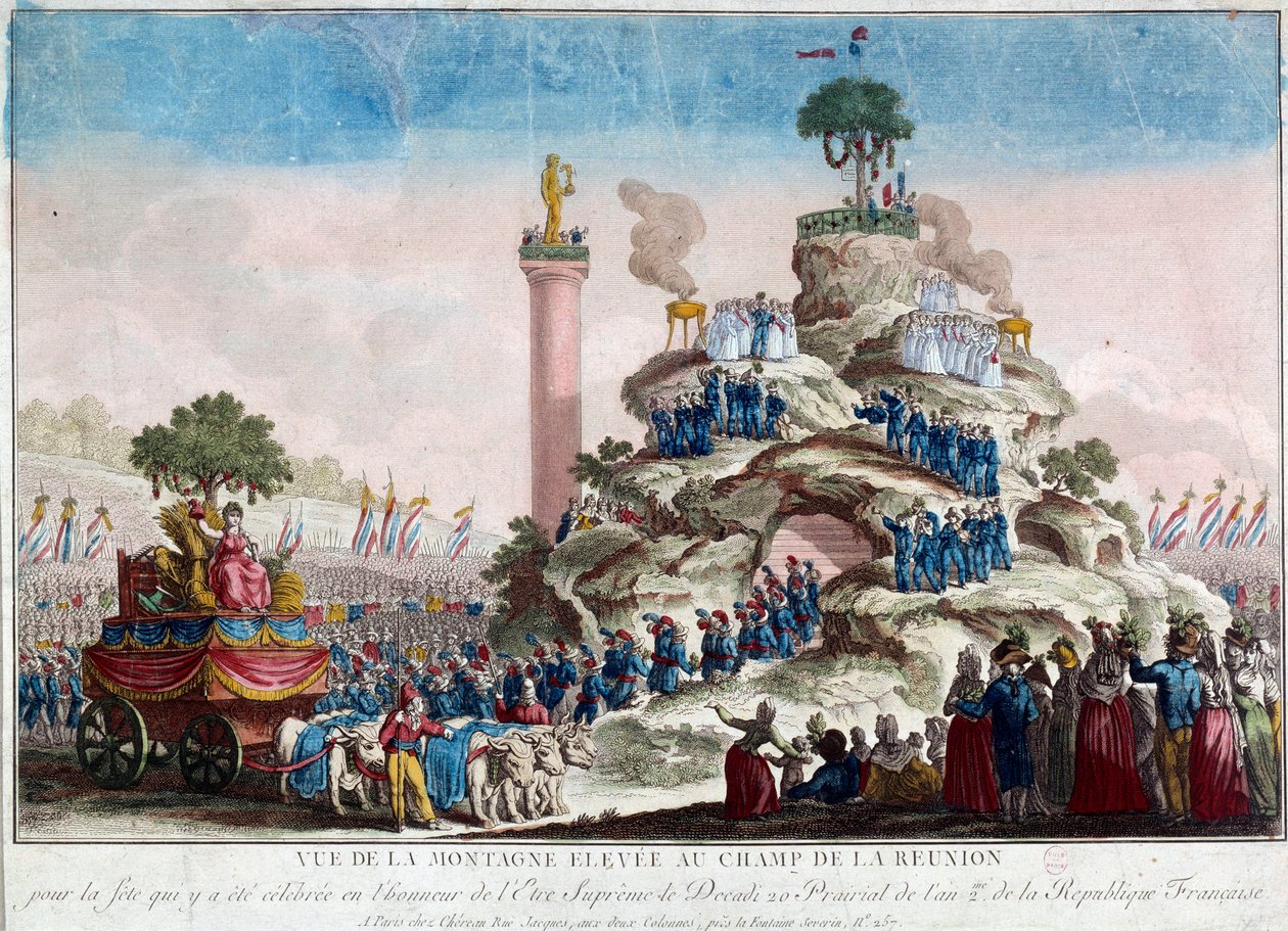 Udsigt over bjerget hævet ved Reunion-feltet. 20 prairial år II (8/06/1794) i anledning af Fete of the Supreme Being Anonymt stik fra 1794. Paris, Musee Carnavalet af French School