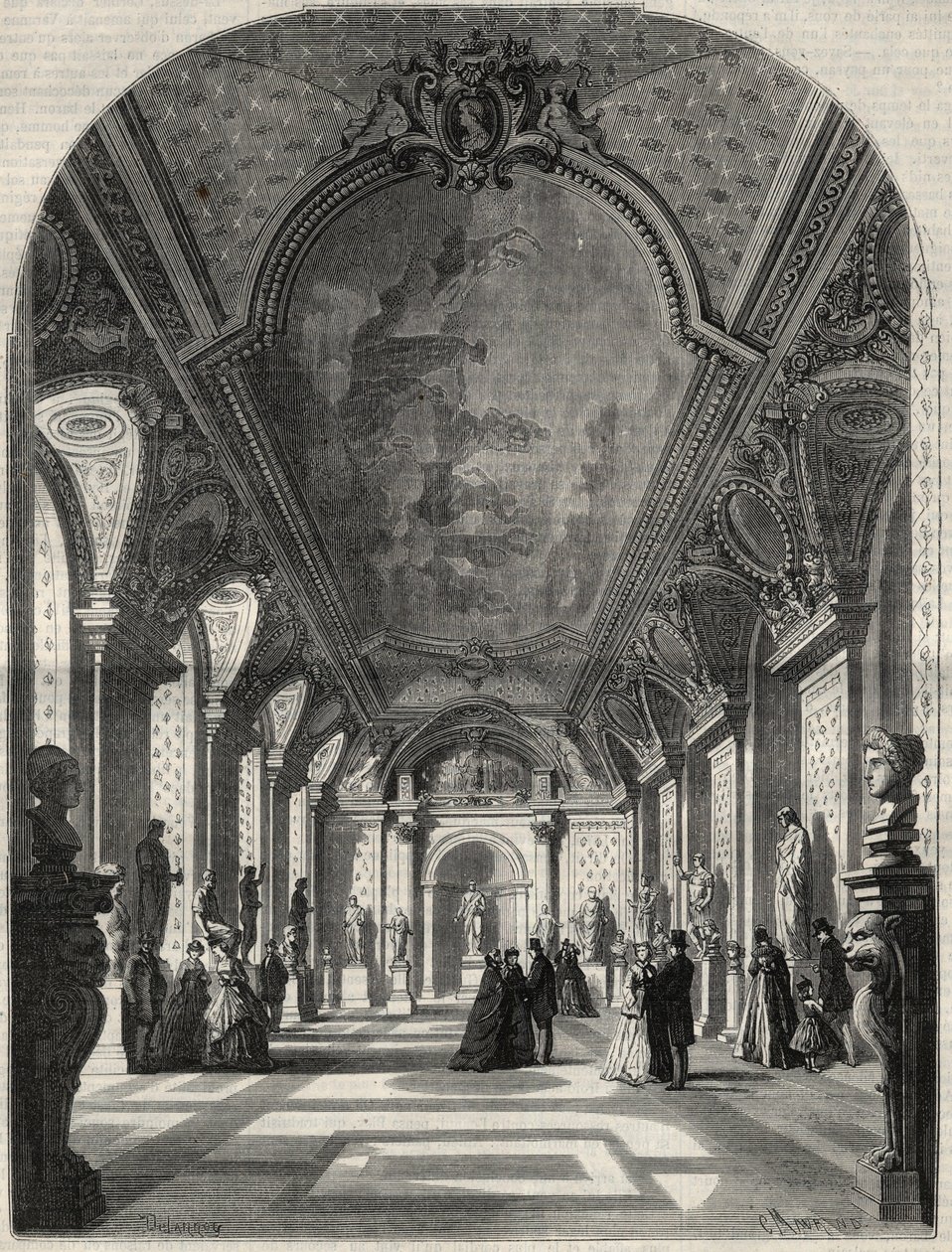Udsigt over de romerske kejsers nye rum på Musee des antiques du Louvre. Gravering i "" L