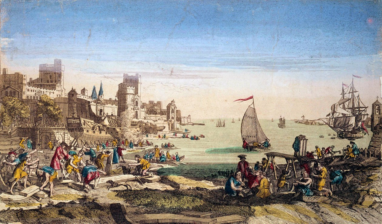 Udsigt over havnen og skibsværfterne i byen Le Havre (Seine maritime). af French School