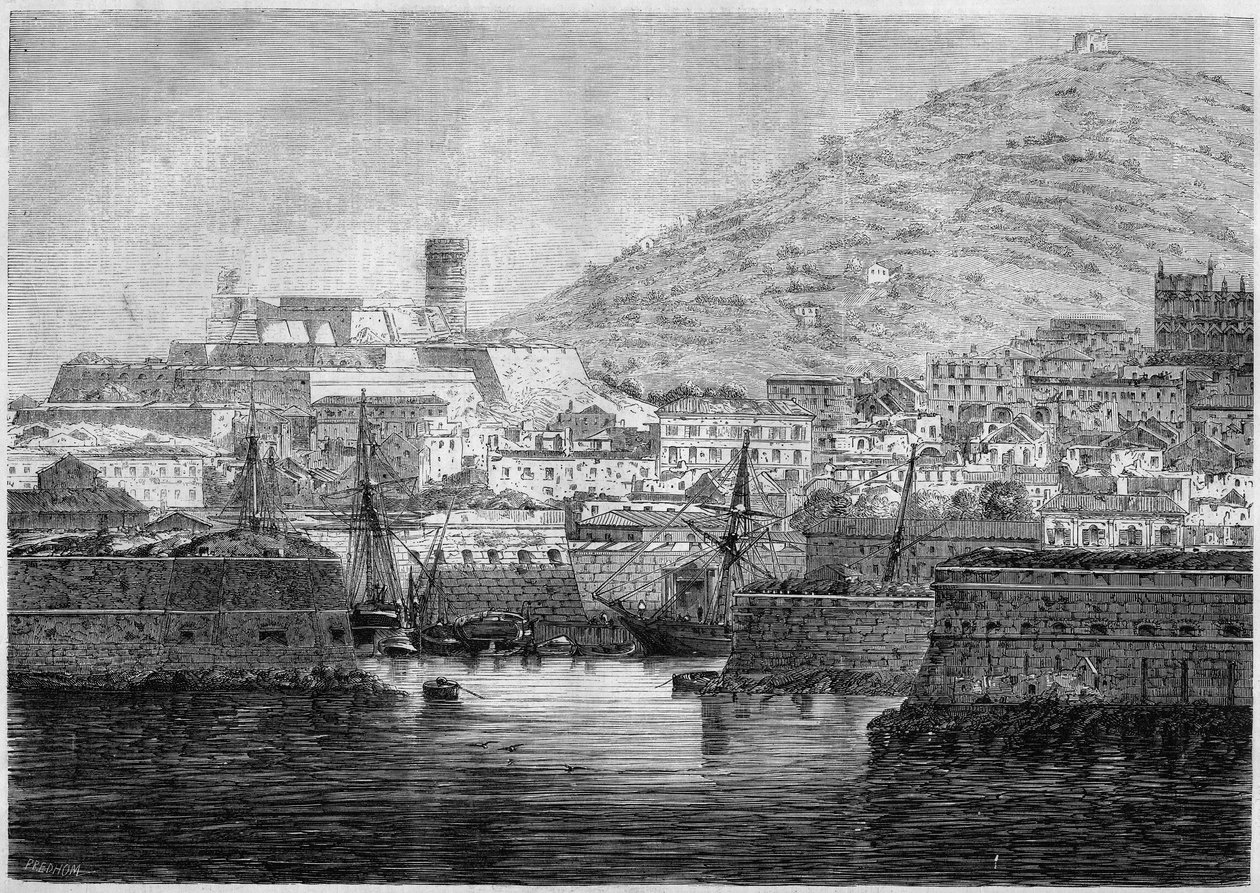 Udsigt over havnen og byen Gaete (Gaeta), Italien af French School