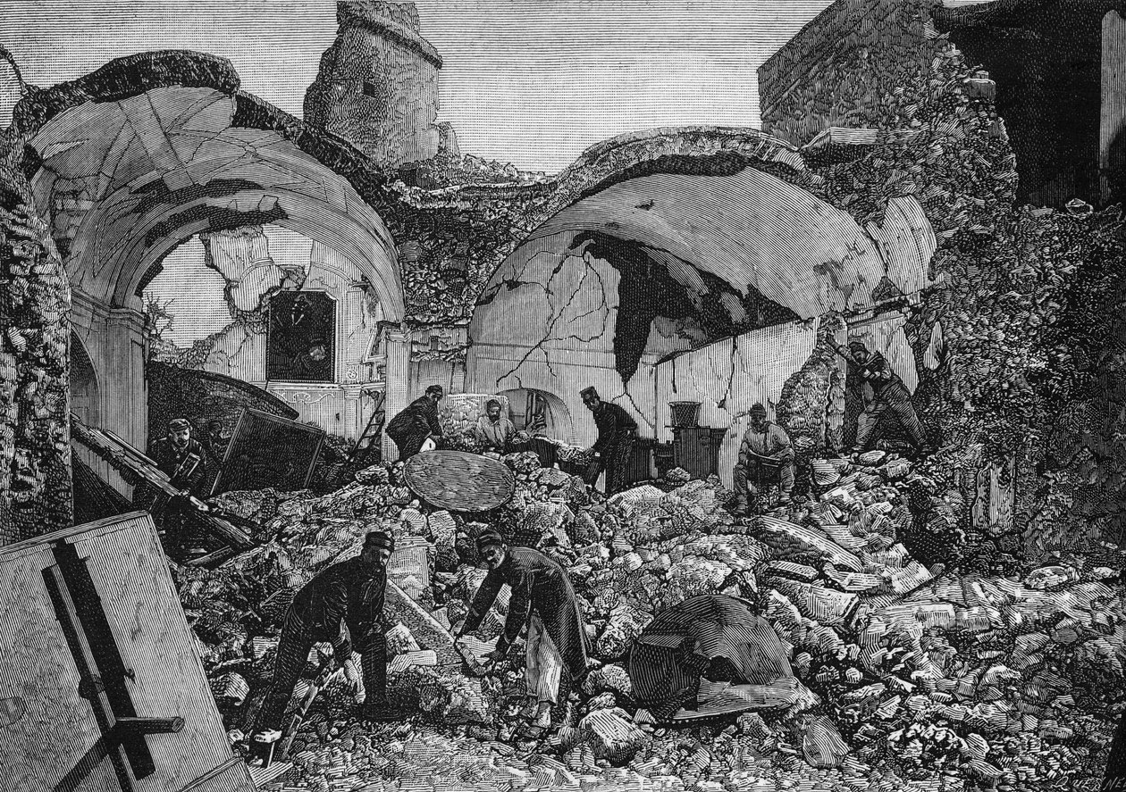 Udsigt over ruinerne af Chiese del Purgatorio, ødelagt under jordskælvet i 1881 på øen Ischia (Italien). Indgravering af Quesnel i "" The Illustrous World"" nr. 1254 af 9. april 1881. af French School