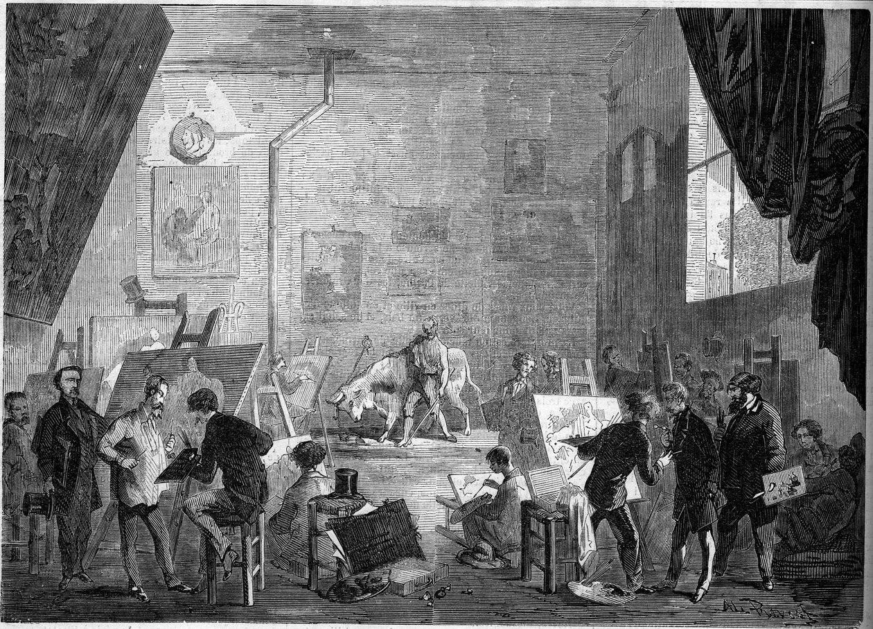 Udsigt over maleren Gustave Courbets (1819-1877) atelier, rue Notre Dame des Champs i Paris af French School