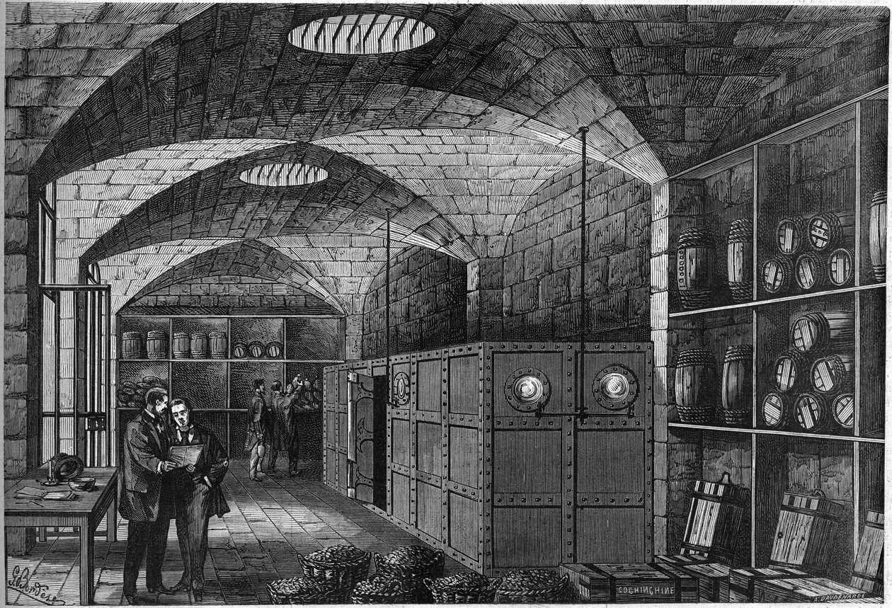 Udsigt til opstramningen, placeret i Louvres kældre, hvor sølvet bestemt til Tyskland opbevares. Frankrig måtte betale erstatning for sit nederlag under krigen i 1870. Paris af French School