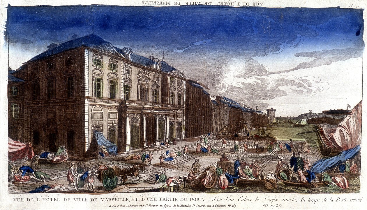 Udsigt over rådhuset i Marseille og en del af havnen, hvorfra de døde kroppe fra pestens tid ankom i 1720 - gravering af French School
