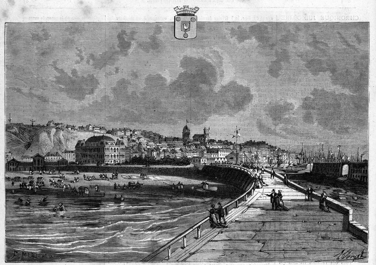 Udsigt over byen Boulogne i Pas de Calais. Indgravering fra 1880 i "La republique illustree"" privatsamling. af French School