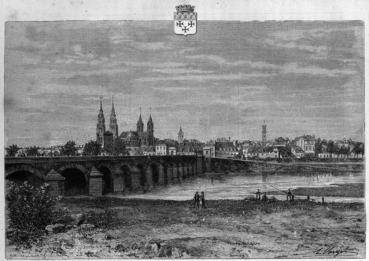 Udsigt over byen Moulins i Allier. Indgravering fra 1880 i "La republique illustree"" privatsamling. af French School