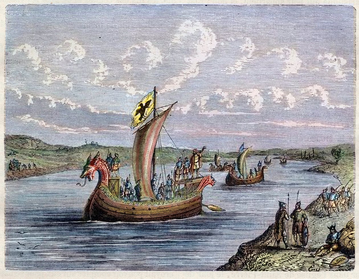 Vikingebåd - Drakkar - Norman sejler op ad en flod - indgravering i "L