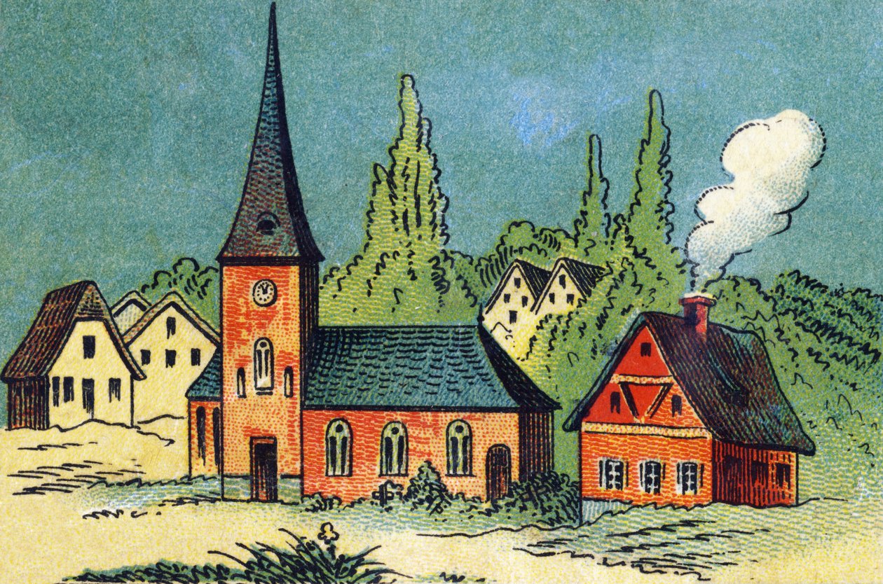 Landsby. Indgravering i "ABC indeirable på lakeret lærred". A. Capendu, redaktør, Paris, slutningen af det 19. århundrede. Børneboghandel illustreret. 8 sider. Mål: 21,5 x 18 cm. af French School